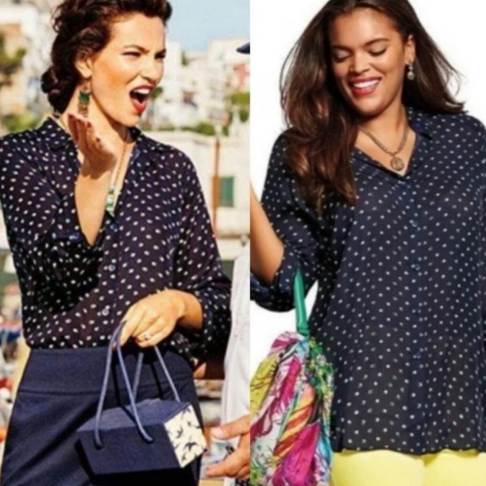 Cabi Style#5019 Blue and White 3/4 Sleeve Notched Collar Blouse